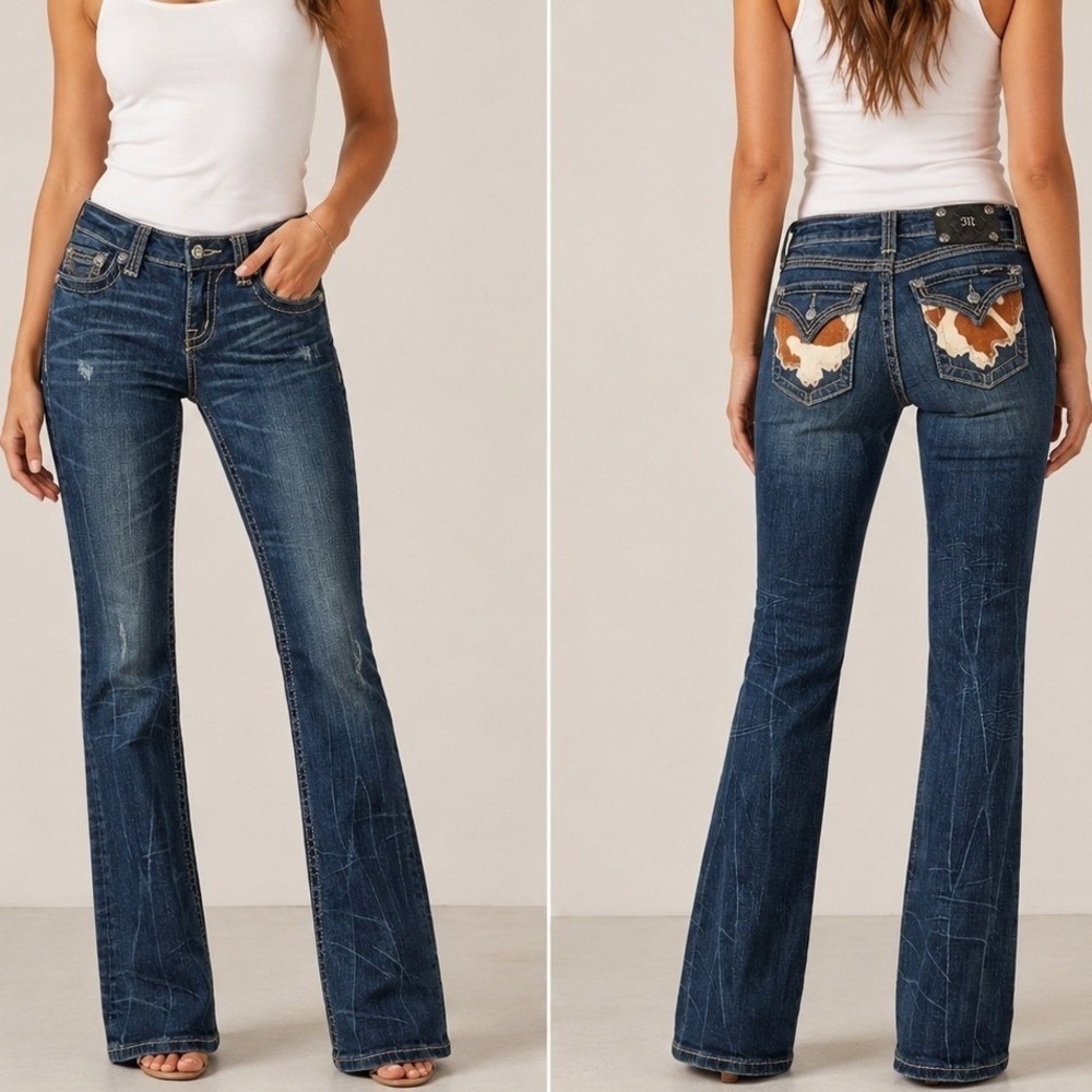 Miss Me Bootcut Jeans 26 Blue Cow Print Pockets Cowgirl Western Y2K - Picture 1 of 10